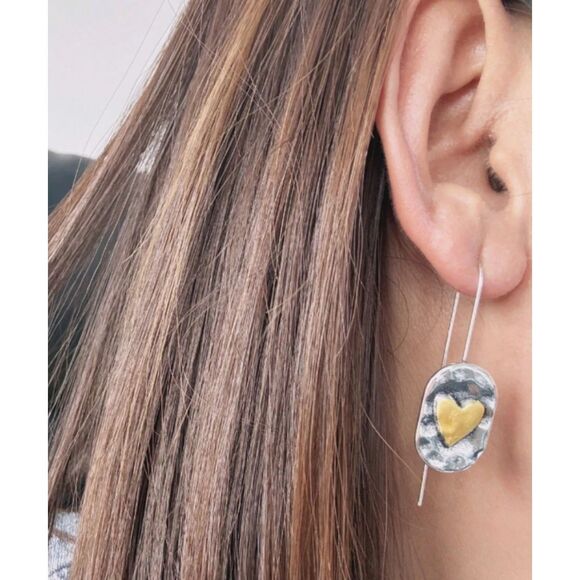 Hammered 2 Tone Silver Heart Drop Earrings Long Hook Vtg Style Pendant Retro - Picture 3 of 6